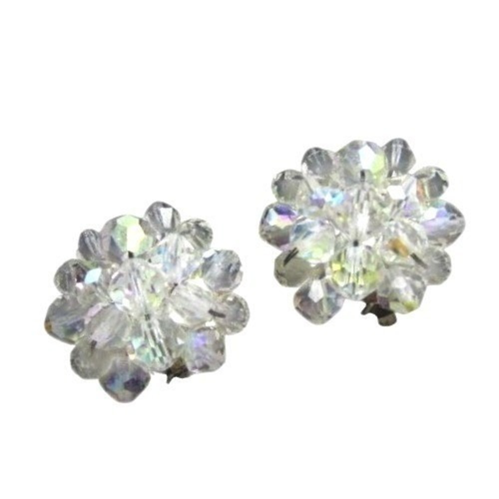 VINTAGE SPARKLY BEADED AURORA BOREALIS CRYSTAL CLUSTER‎ CLIP-ON EARRINGS